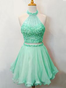 Sleeveless Organza Knee Length Lace Up Dama Dress in Apple Green with Beading