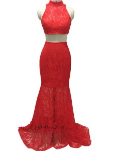 Artistic Red Halter Top Zipper Lace Prom Gown Brush Train Sleeveless