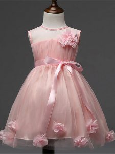 Pink Sleeveless Knee Length Hand Made Flower Zipper Toddler Flower Girl Dress