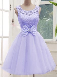 Lavender Tulle Lace Up Quinceanera Dama Dress Sleeveless Knee Length Lace and Bowknot