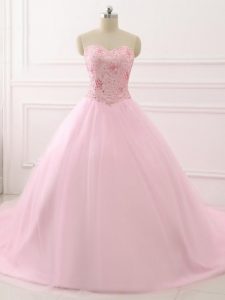Baby Pink Ball Gowns Tulle Sweetheart Sleeveless Beading Lace Up Quinceanera Gown Brush Train