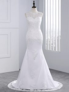 Sweet Sleeveless Tulle Brush Train Lace Up Wedding Gowns in White with Beading and Appliques