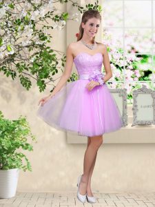 Fashion Lavender Sleeveless Knee Length Lace and Belt Lace Up Quinceanera Dama Dress