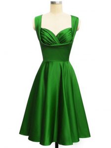 Unique Green Empire Straps Sleeveless Taffeta Knee Length Lace Up Ruching Bridesmaid Gown