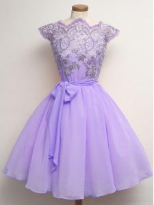 Lavender A-line Lace and Belt Bridesmaid Dress Lace Up Chiffon Cap Sleeves Knee Length