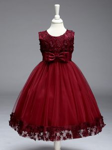 Custom Made Tulle Scoop Sleeveless Zipper Lace and Bowknot Pageant Gowns For Girls in Burgundy