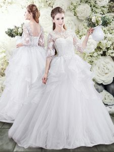 Most Popular White Scoop Lace Up Lace and Ruffles Wedding Gowns Brush Train Half Sleeves