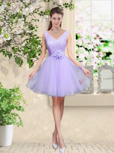 Edgy Knee Length Lilac Bridesmaid Dresses Tulle Sleeveless Lace and Belt