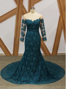 New Style Teal Mermaid Lace Scoop Long Sleeves Lace Zipper Mother Of The Bride Dress