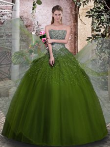 Ideal Olive Green Lace Up 15th Birthday Dress Beading Sleeveless Floor Length