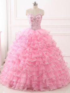 High Class Baby Pink Ball Gowns Sweetheart Sleeveless Organza Sweep Train Lace Up Beading and Ruffled Layers Sweet 16 Dr