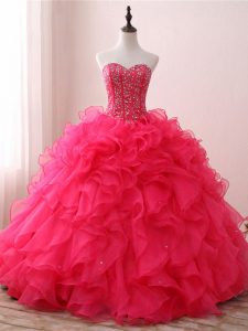 Custom Designed Floor Length Ball Gowns Sleeveless Hot Pink Ball Gown Prom Dress Lace Up