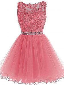 Sleeveless Mini Length Beading and Lace and Appliques and Ruffles Zipper with Pink