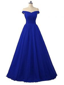 Eye-catching Royal Blue A-line Tulle Off The Shoulder Sleeveless Ruching Floor Length Lace Up Military Ball Dresses For 