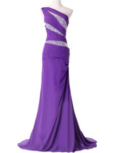 Beading and Ruching Formal Evening Gowns Purple Lace Up Sleeveless Brush Train