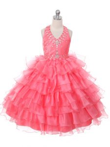 Dazzling Ball Gowns Kids Formal Wear Coral Red Halter Top Organza Sleeveless Floor Length Lace Up