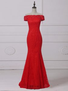 Spectacular Sleeveless Lace Lace Up Evening Dress in Red with Lace and Appliques