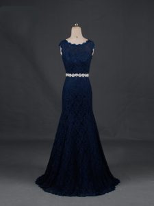 Sleeveless Floor Length Beading Backless Mother Of The Bride Dress with Navy Blue