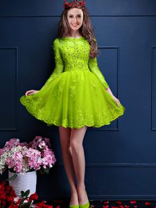 Smart Chiffon 3 4 Length Sleeve Mini Length Bridesmaid Gown and Beading and Lace and Appliques
