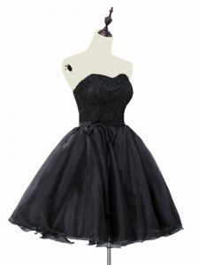 Black Organza Lace Up Sweetheart Sleeveless Mini Length Prom Dress Lace and Sashes ribbons