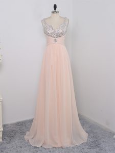 Stylish Chiffon Straps Sleeveless Zipper Sequins Prom Dress in Peach
