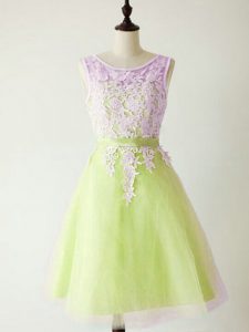 Yellow Green A-line Scoop Sleeveless Tulle Knee Length Lace Up Lace Bridesmaid Dress