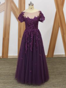 Romantic Scoop Short Sleeves Zipper Mother Of The Bride Dress Purple Tulle