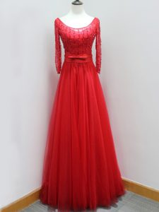 Spectacular Red Formal Evening Gowns Tulle Brush Train Long Sleeves Beading and Belt