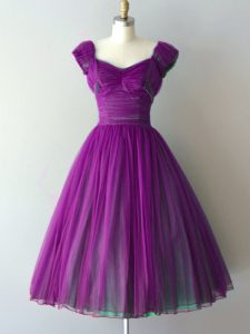 Purple V-neck Neckline Ruching Dama Dress for Quinceanera Cap Sleeves Lace Up