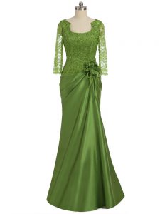 Dramatic Olive Green Long Sleeves Elastic Woven Satin Zipper Mother Of The Bride Dress for Prom and Military Ball and Sw
