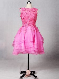 Rose Pink A-line Organza Scoop Sleeveless Lace and Appliques and Ruffled Layers Knee Length Zipper Ball Gown Prom Dress