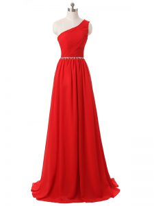 Ideal Sleeveless Chiffon Floor Length Side Zipper Quinceanera Court Dresses in Red with Beading and Ruching