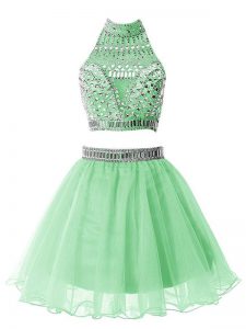 Modest Apple Green Two Pieces Organza Halter Top Sleeveless Beading Mini Length Zipper Dama Dress for Quinceanera