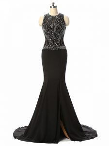 Stylish Side Zipper Formal Evening Gowns Black for Prom and Military Ball and Sweet 16 with Beading Brush Train