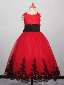 Red Tulle Lace Up Bateau Sleeveless Floor Length Flower Girl Dresses Appliques