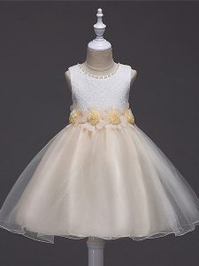 Lovely Knee Length Champagne Kids Formal Wear Tulle Sleeveless Lace and Hand Made Flower