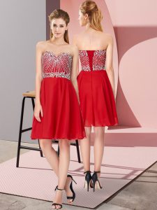 Red Sleeveless Knee Length Beading Lace Up Dress for Prom