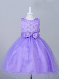 Trendy Tulle Sleeveless Knee Length Flower Girl Dress and Appliques and Bowknot