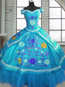 Short Sleeves Taffeta Floor Length Lace Up Quinceanera Dress in Teal with Beading and Embroidery