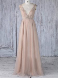 Floor Length Peach Bridesmaid Dresses V-neck Sleeveless Zipper