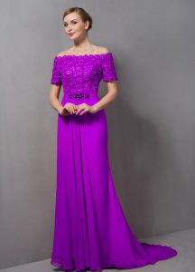 Purple Short Sleeves Lace Zipper Mother Of The Bride Dress