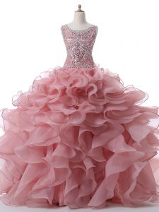 Glamorous Floor Length Pink Ball Gown Prom Dress Organza Sleeveless Beading and Ruffles