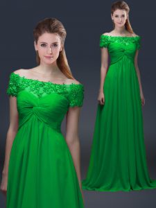 Gorgeous Green Lace Up Off The Shoulder Appliques Mother Of The Bride Dress Chiffon Short Sleeves
