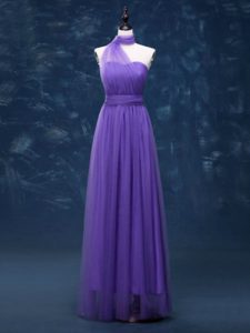 Glamorous Tulle Halter Top Sleeveless Lace Up Ruching Dama Dress for Quinceanera in Lavender