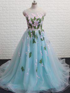 Excellent Backless Military Ball Dresses Aqua Blue for Prom and Party with Appliques Brush Train