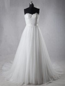 Chic Sweetheart Sleeveless Tulle Wedding Gown Lace Brush Train Zipper