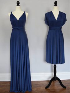 Navy Blue Empire Chiffon Straps Sleeveless Ruching Floor Length Lace Up Wedding Party Dress