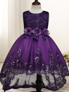 Traditional Dark Purple Flower Girl Dresses for Less Wedding Party with Lace and Appliques and Bowknot and Hand Made Flo