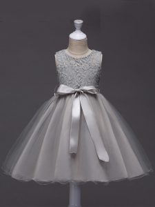 Custom Fit Knee Length Ball Gowns Sleeveless Grey Little Girls Pageant Dress Zipper