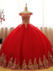 Red Lace Up 15 Quinceanera Dress Appliques Sleeveless Floor Length